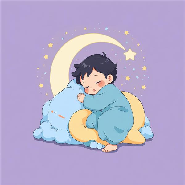نوزاد خوابیده روی بالشت ابری و ماه در آسمان بنفش (وکتور خواب آرام)