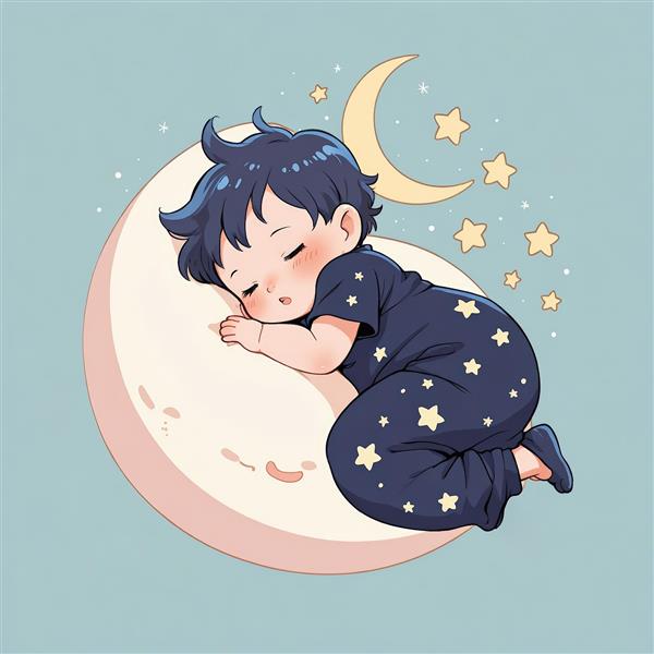 نوزاد خوابیده با لباس تیره و طرح ستاره روی ماه کامل (تصویر فانتزی شب و رؤیا)
