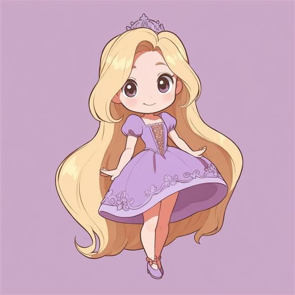 راپونزل چیبی پرش‌کننده با تاج و دامن متحرک، با کیفیت بالا برای چاپ دکوراتیو