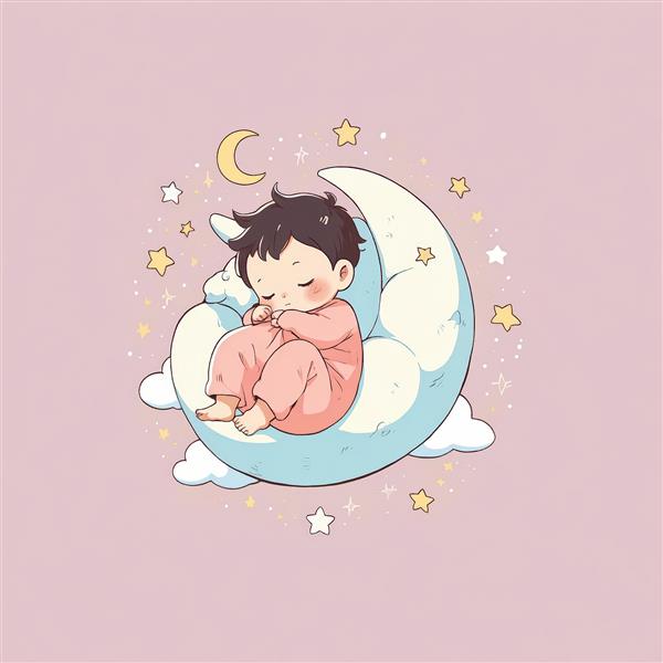 نوزاد خوابیده روی ماه آبی ملایم با لباس صورتی (وکتور مهد کودک و سیسمونی)