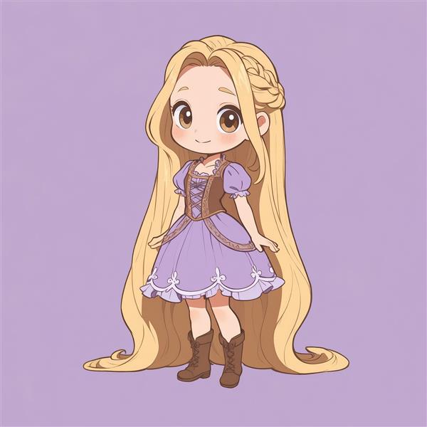 راپونزل چیبی ایستاده با موی بسیار بلند بافته و چکمه‌های بلند قهوه‌ای (طرح پرنسسی)