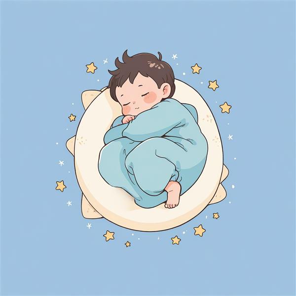 تصویر وکتور نوزاد خوابیده روی خورشید یا ماه (چشمک‌زن) با پس‌زمینه آبی روشن