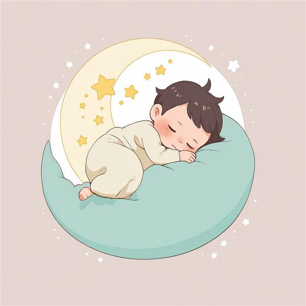 تصویر فانتزی نوزاد خوابیده روی ماه و بالشت، با ستاره‌ها (وکتور کودک و رؤیایی)