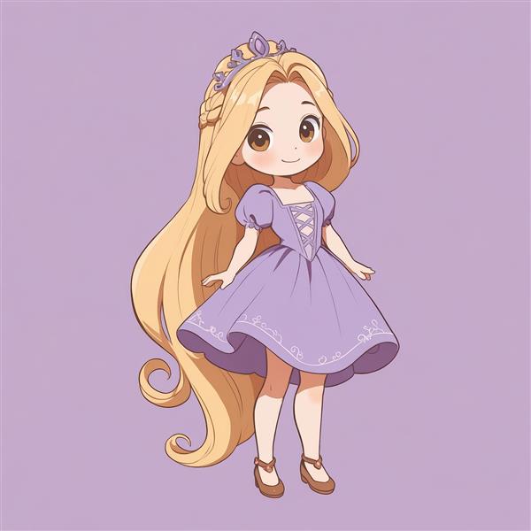 راپونزل چیبی ایستاده با تاج روی بافت مو و دامن بنفش چین‌دار (طرح کودکانه و فانتزی)
