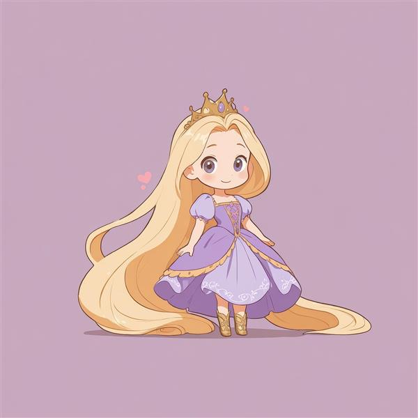 تصویر راپونزل چیبی با تاج پادشاهی و موهای طلایی که تمام کادر را پر کرده است (بسیار باکیفیت)