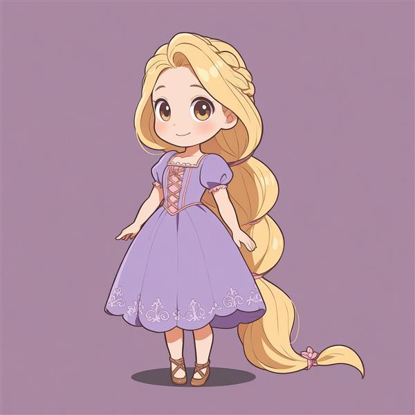 راپونزل چیبی با گیسوی حباب‌دار و لباس بنفش توری (وکتور پرنسس)