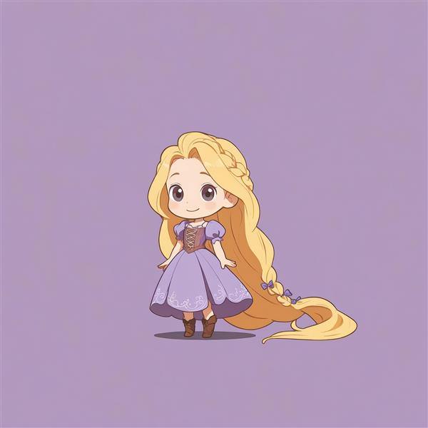 راپونزل چیبی ایستاده با بافت موی بسیار بلند و دنباله‌دار روی زمین (قابلیت چاپ عریض)