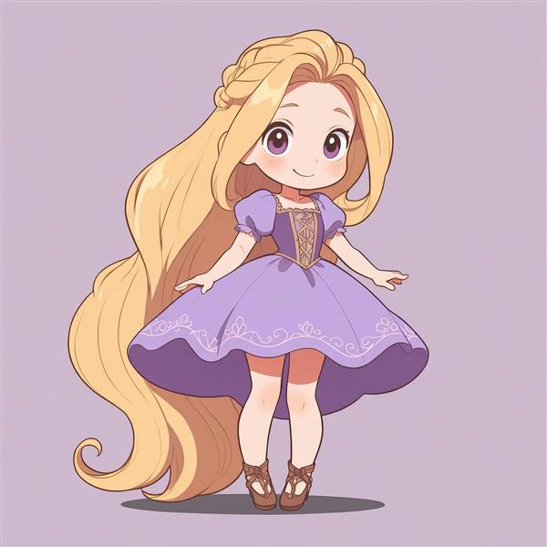 طرح گرافیکی راپونزل چیبی با بافت موی حلقوی و لباس پف‌دار بنفش (مناسب استیکر)