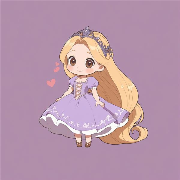 راپونزل چیبی در حال شناور بودن، موهای بلند طلایی و تاج نگین‌دار (تصویر با پس‌زمینه بنفش)