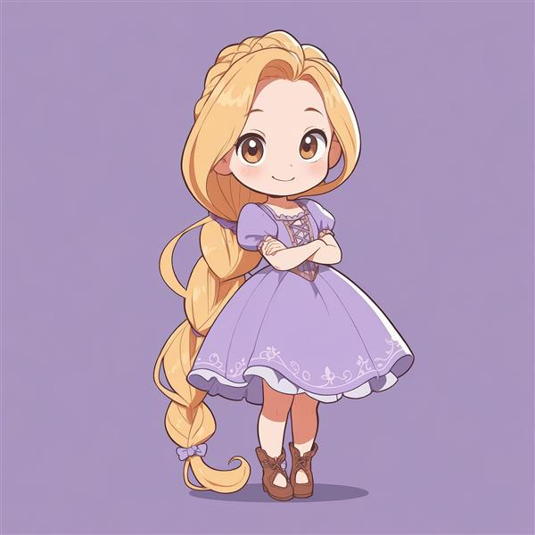 تصویر وکتور راپونزل چیبی با موی بافته ضخیم و چکمه‌های قهوه‌ای (مناسب تولید تابلوی کودک)