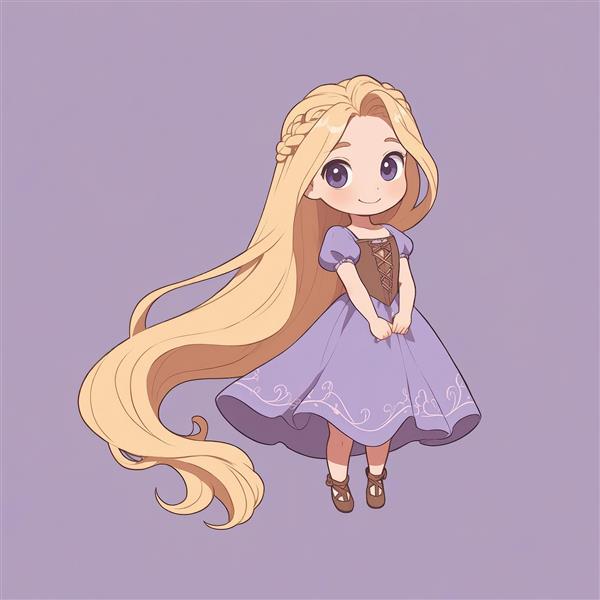 راپونزل چیبی با حالت خجالتی و موهای مواج بلند، آماده چاپ و دکوراتیو