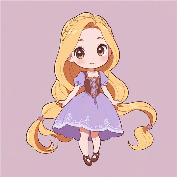 راپونزل چیبی با موهای گره‌زده شده و لباس پرنسسی بنفش (طرح گرافیکی فانتزی)