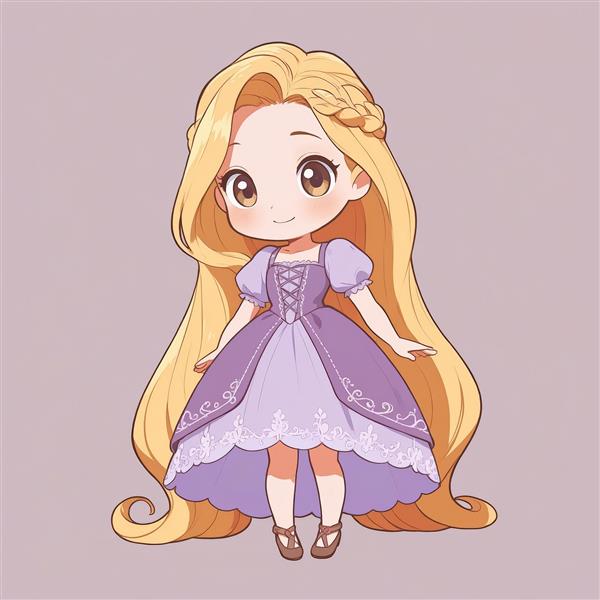 راپونزل چیبی با لباس دو دامنه بنفش و موهای بافته شده از کنار (طرح فانتزی پرنسس)