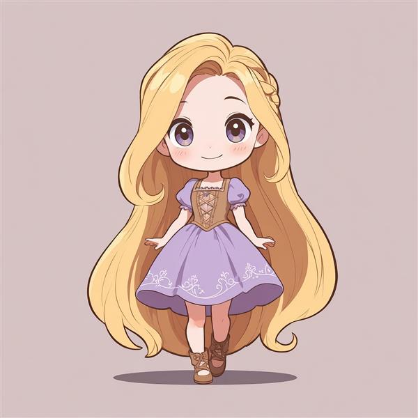 راپونزل چیبی در حال راه رفتن، لباس بنفش و موهای روان و زیبا (تصویر کارتونی دلنشین)