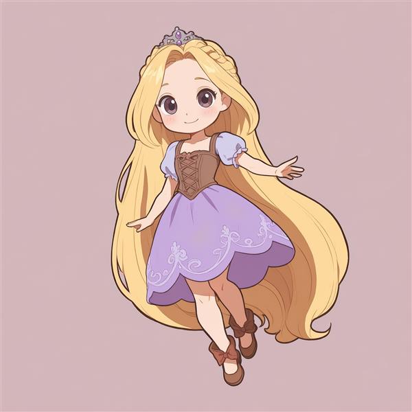 راپونزل چیبی در حال پرواز یا رقصیدن با دامن چرخان، موهای طلایی بلند (استایل پرنشاط)