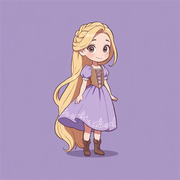 راپونزل چیبی با چکمه‌های قهوه‌ای و موی بافته شده، استایل پرنسس دیزنی (طرح گرافیکی)