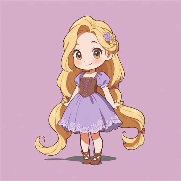 طرح راپونزل چیبی با گل در موهای بافته، لباس بنفش و قهوه‌ای (استایل عروسکی فانتزی)