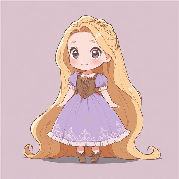 طرح وکتور راپونزل چیبی، موهای بلند و موج‌دار با زمینه صورتی ملایم (مناسب چاپ عریض)