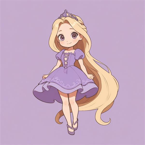 تصویر فانتزی راپونزل چیبی در حال پرواز یا جهش با دامن بنفش متحرک (طرح کارتونی)