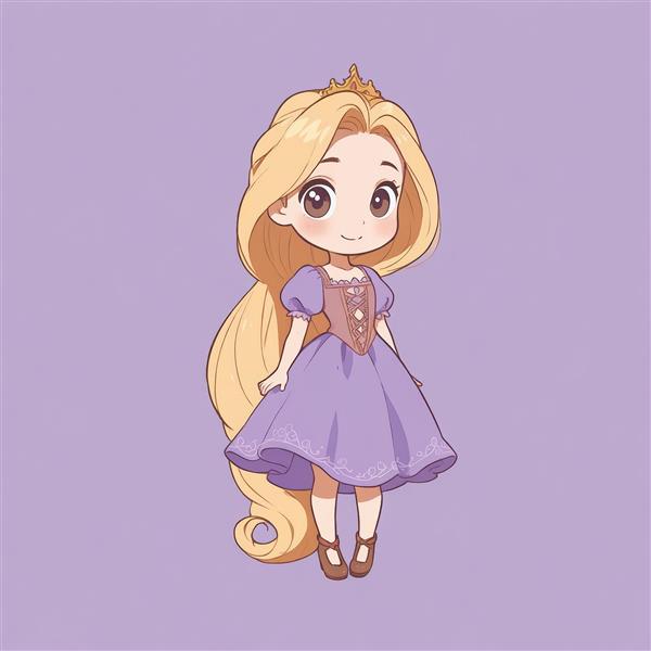 عروسک راپونزل چیبی ایستاده با موی بلند طلایی و لباس پرنسسی بنفش (طرح گرافیکی)