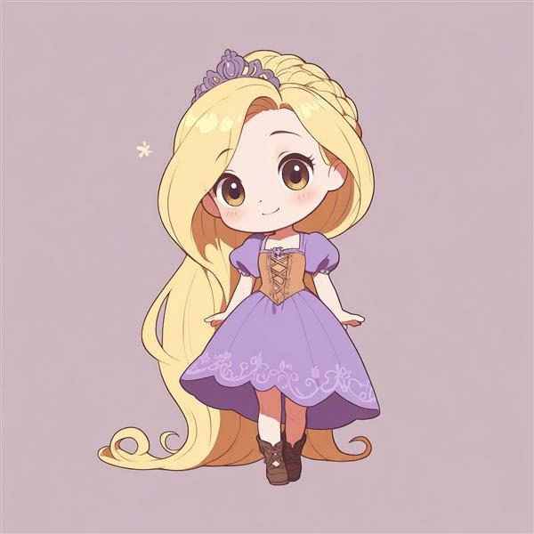 راپونزل چیبی با موهای بافته، لباس بنفش و تاج (تصویر انیمیشن گیسوکمند)