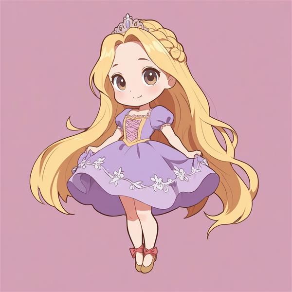 تصویر انیمیشن راپونزل با موهای بلند بلوند در لباس بنفش چیبی زیبا