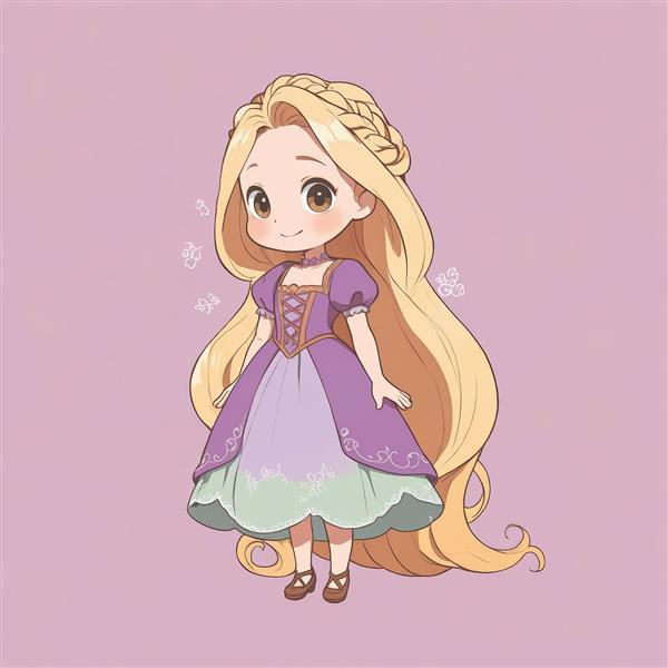 طرح گرافیکی دختر انیمه راپونزل با لباس بنفش و تاج، شبیه پرنسس راپونزل