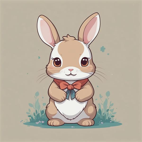 تصویر اورجینال خرگوش قهوه‌ای و سفید با پاپیون قرمز در پس‌زمینه خاکی