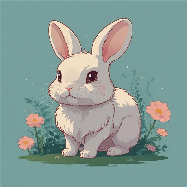 تصویر اورجینال خرگوش نشسته با پس‌زمینه سبز و گل‌های نارنجی (فصل بهار)