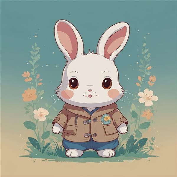 وکتور خرگوش بامزه کت قهوه‌ای پوشیده در حال ایستادن میان گل‌ها (پاییز)