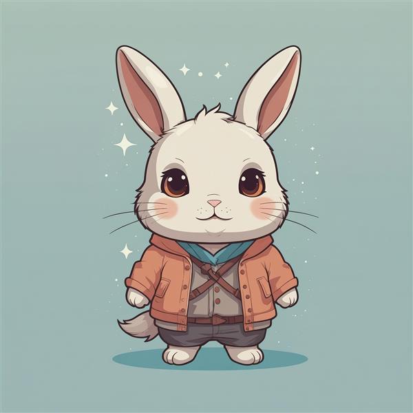 تصویر خرگوش با ژاکت نارنجی و تیشرت آبی در پس‌زمینه فیروزه‌ای