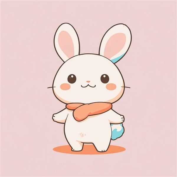 وکتور خرگوش بامزه کارتونی با شال گردن نارنجی و دم آبی در پس‌زمینه پاستلی