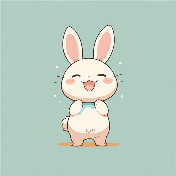 طرح گرافیکی خرگوش کوچک کیوت خندان با دست‌های گره‌خورده و پس‌زمینه آبی ملایم