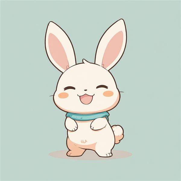 تصویر خرگوش خندان انیمه‌ای با شال گردن (باندانا) آبی، مناسب دکور اتاق خواب