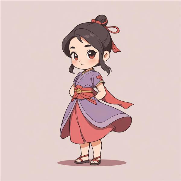 تصویر دختر کیوت انیمه مولان با لباس سنتی ژاپنی (کیمونو) بنفش و قرمز