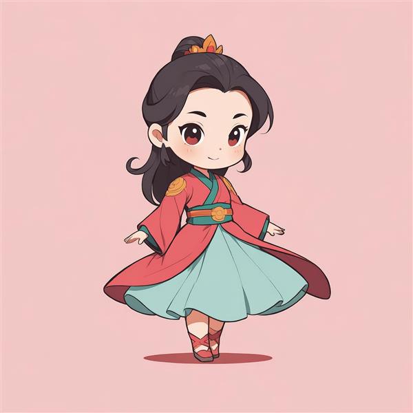 طرح گرافیکی مولان در حال رقص با لباس رسمی قرمز و آبی فیروزه‌ای برای بوم