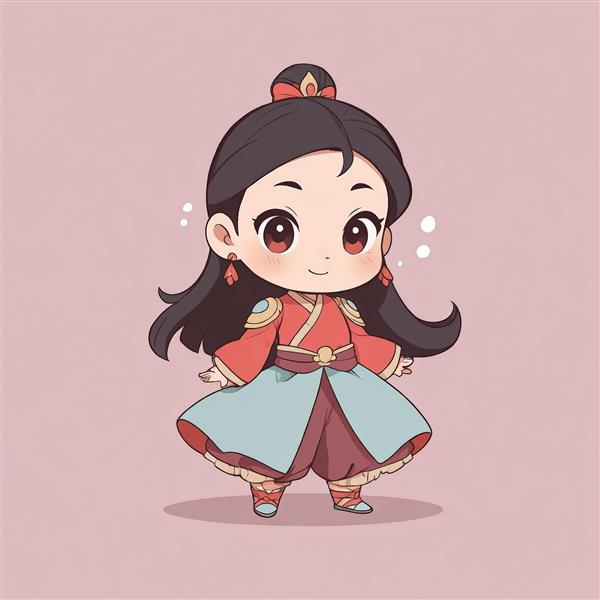 تصویر اورجینال مولان کودک با لباس سنتی چینی قرمز و فیروزه‌ای برای چاپ بوم