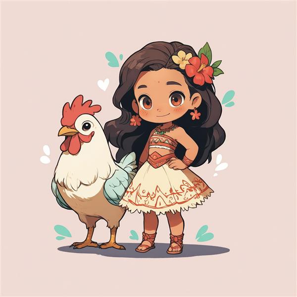 تصویر اورجینال موآنا و خروس (هِی‌هِی) با پس‌زمینه صورتی برای چاپ بوم