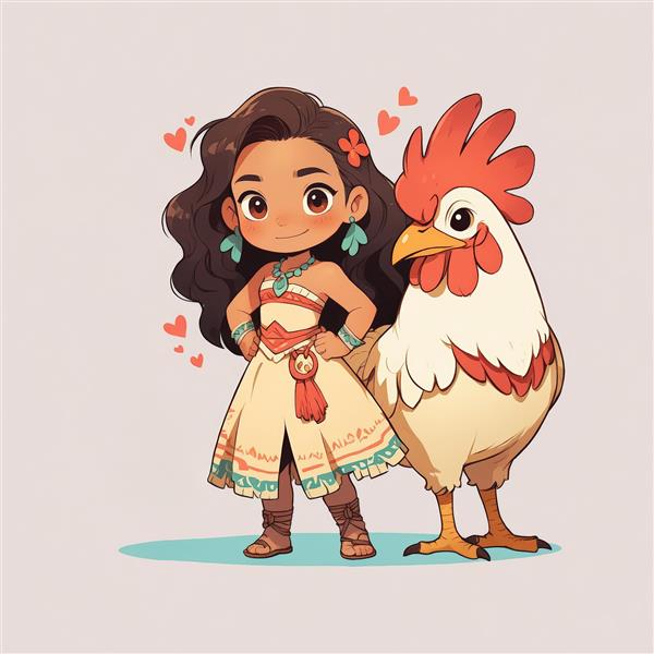 تصویر اورجینال موآنا و خروس (هِی‌هِی) با تم قلب و کیفیت بالا برای چاپ دکوراتیو