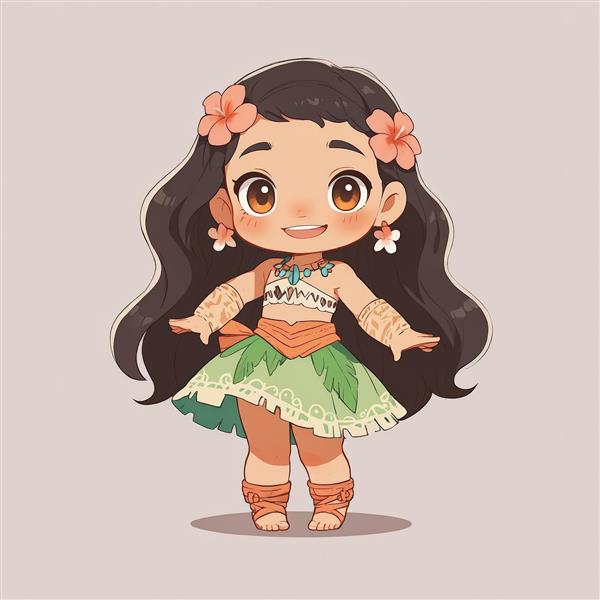 وکتور موآنا با دامن حصیری برگ‌دار سبز و غنچه‌های گل صورتی روی مو