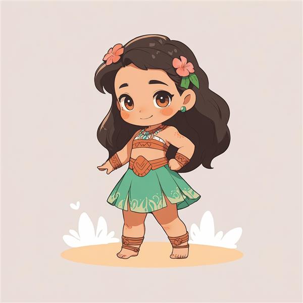 تصویر موآنا با دامن سبز و پاپیون گلدار روی موها در بک‌گراند ساحلی