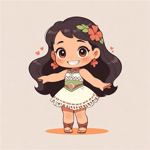 وکتور موآنا با بازوهای باز، گوشواره گل و قلب‌های کوچک کناری