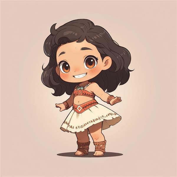 تصویر اورجینال موآنا با لباس سنتی، کمربند قهوه‌ای و لبخند شاد