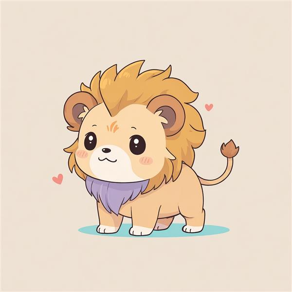 تصویر فانتزی بچه شیر با شال گردن بنفش و قلب‌های کوچک (طرح دکوراتیو)