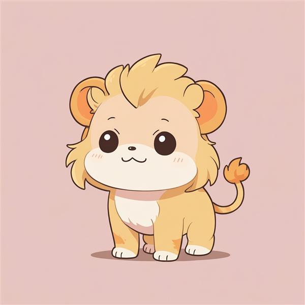 وکتور بچه شیر فانتزی با یال کوتاه و چشم‌های براق در بک‌گراند صورتی ملایم