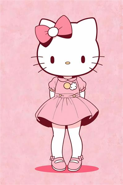 تصویر تمام قد هلو کیتی با پیراهن صورتی ساده و پاپیون بزرگ (مناسب چاپ عمودی)