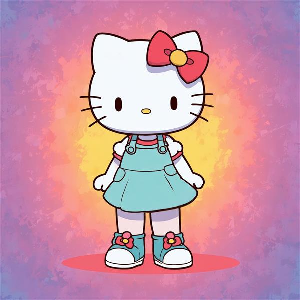 وکتور هلو کیتی با لباس سرهمی آبرنگی فیروزه‌ای و بک‌گراند طیف رنگی گرم