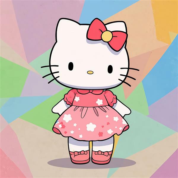تصویر با کیفیت هلو کیتی با لباس صورتی گلدار و پس‌زمینه هندسی رنگارنگ
