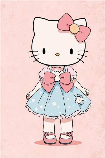 طرح دکوراتیو هلو کیتی با پاپیون بزرگ روی لباس آبی پاستلی و کفش صورتی