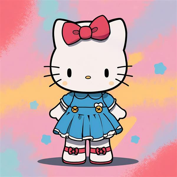 تصویر اورجینال هلو کیتی با پیراهن آبی چین‌دار و بک‌گراند رنگارنگ فانتزی